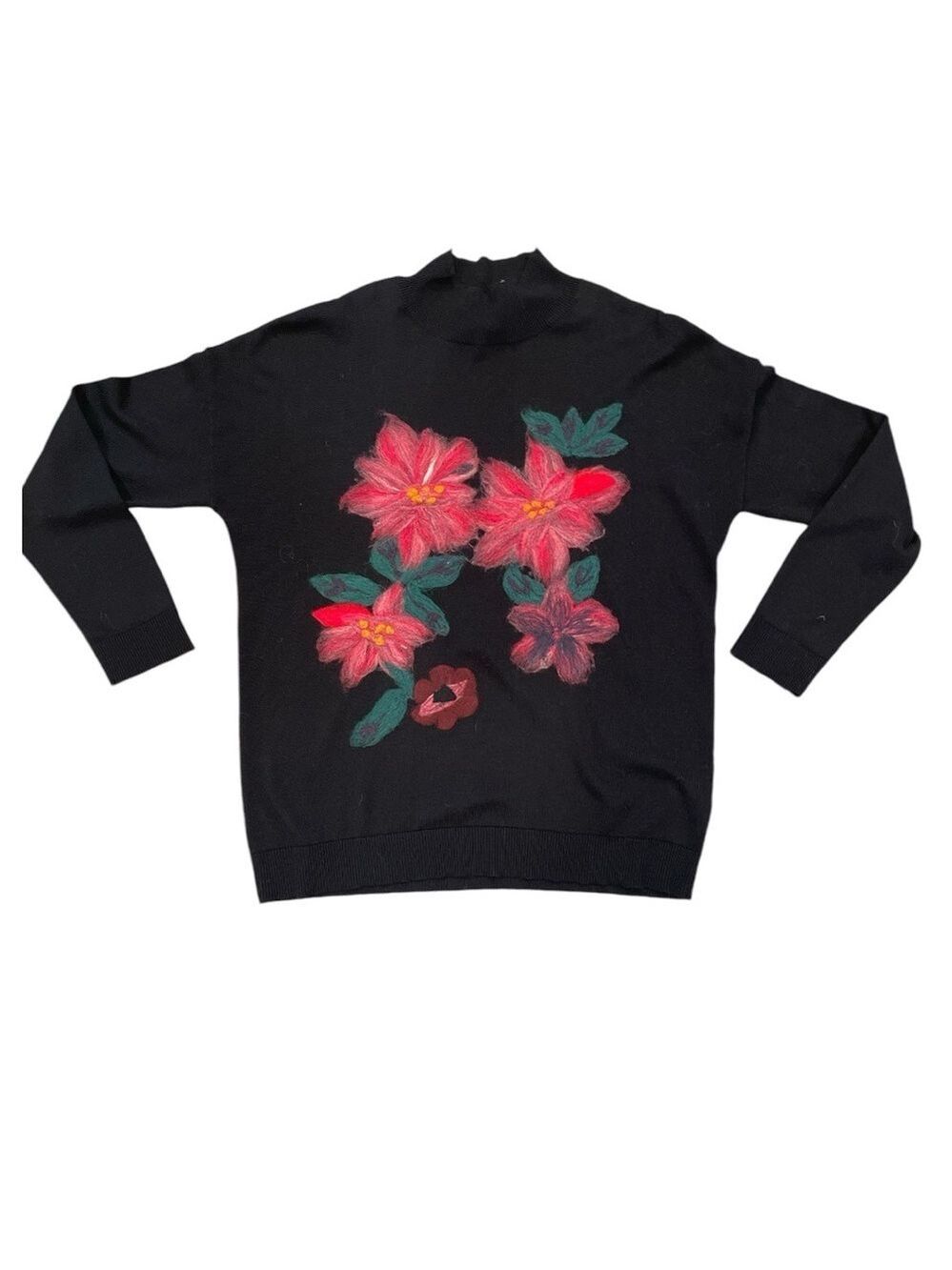 Spanner Holiday Floral Felted Appliqué Black Cotton Sweater | Size M | Canada
